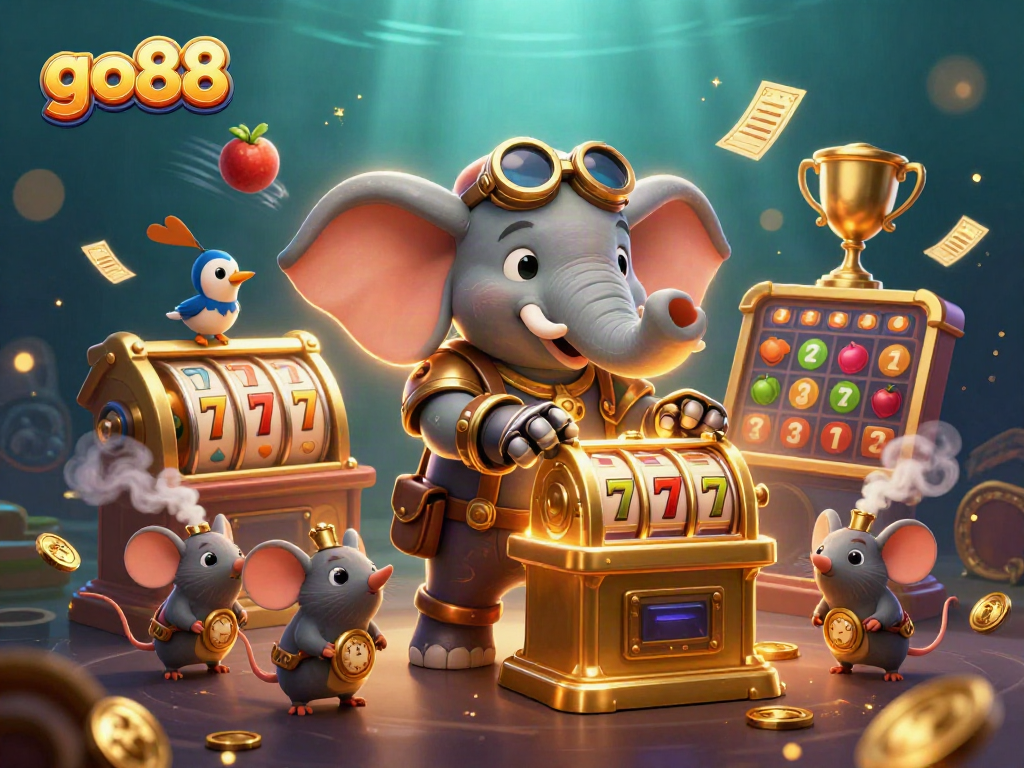 Experience thrilling action at go88 with a steampunk-themed casino scene showcasing exciting slot machines.