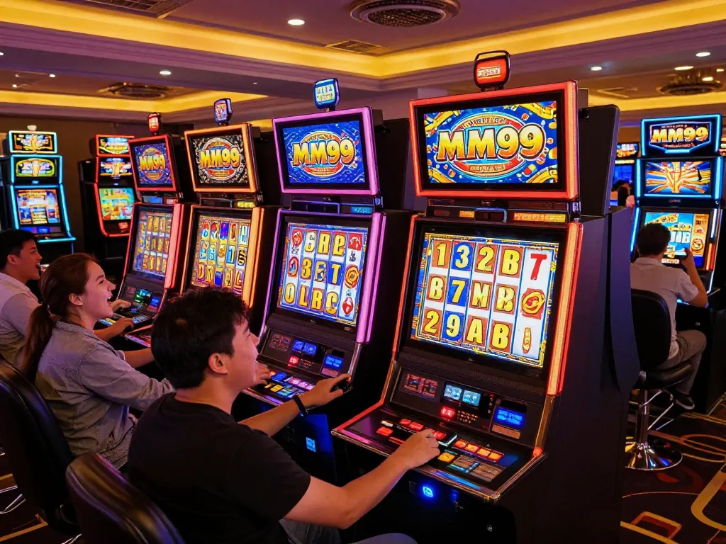 Experience MM99 Slot excitement with players engaging at vibrant casino slot machines.
