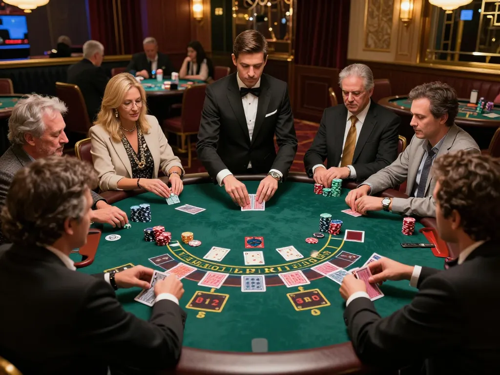 cm88 blackjack players strategizing bets at an upscale casino table in a vibrant setting