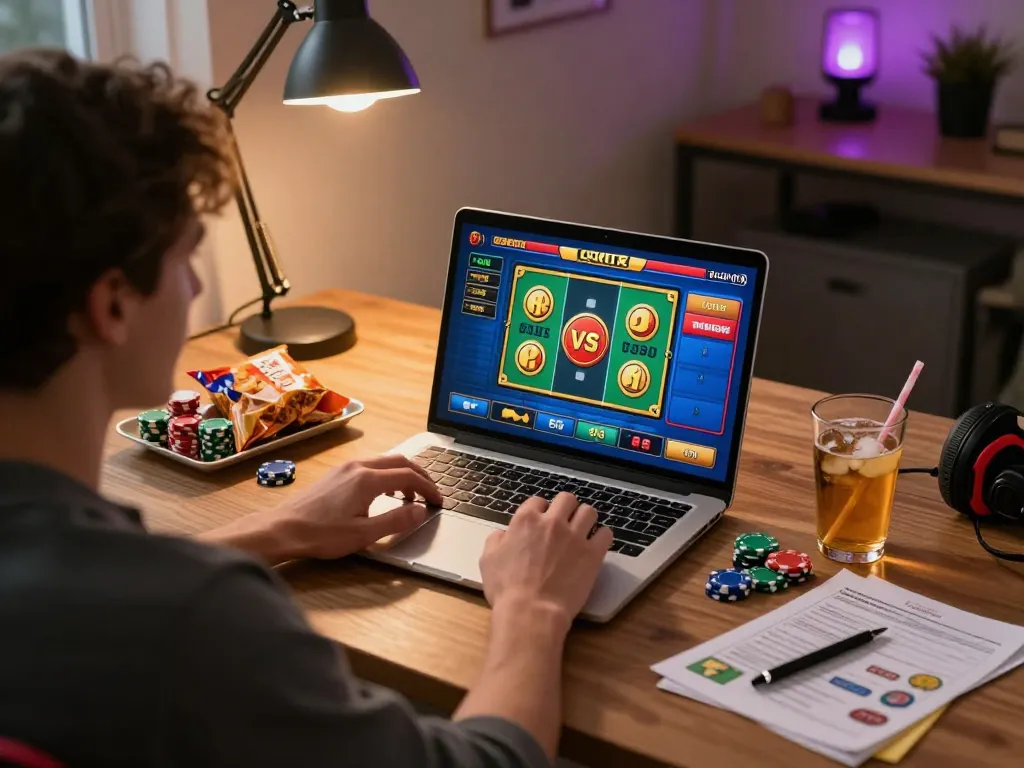 Engaging with link slot gameplay on a laptop in a cozy home setup, emphasizing strategic online gaming.