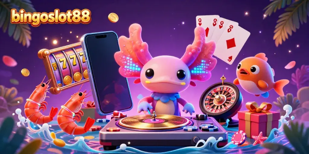 Bingoslot88 menghadirkan pengalaman seru bermain slot dengan DJ axolotl neon dan teman-teman laut yang bersemangat.