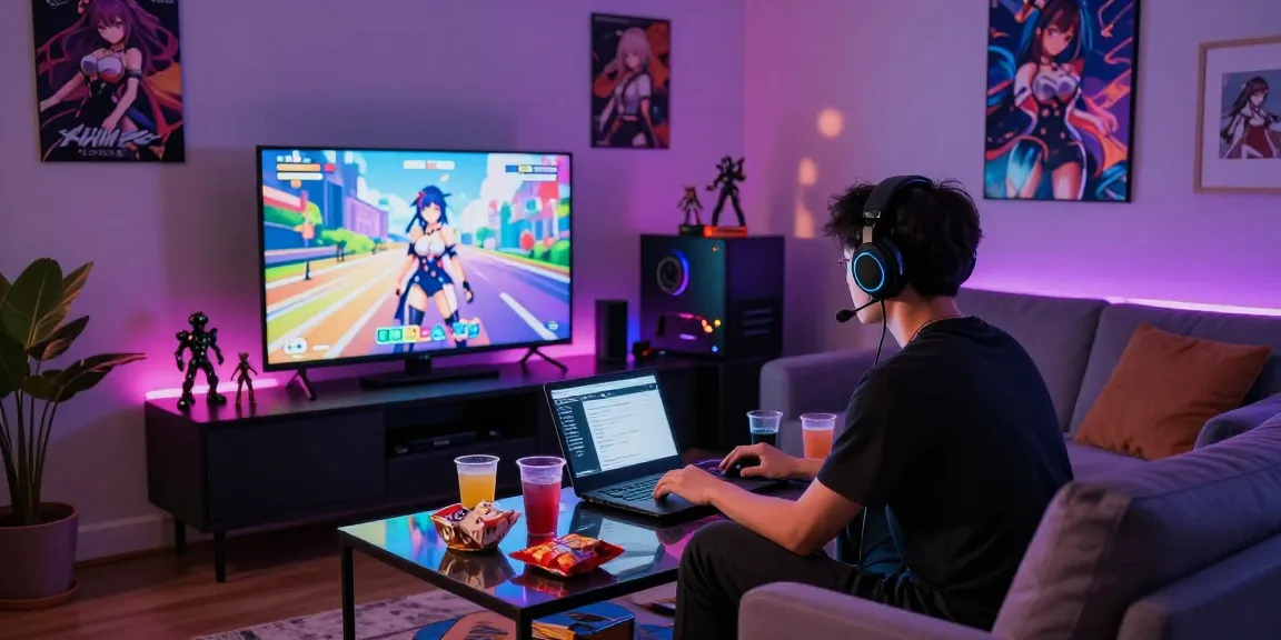 Engaging gamer playing hentai games on a big screen in cozy living room.
