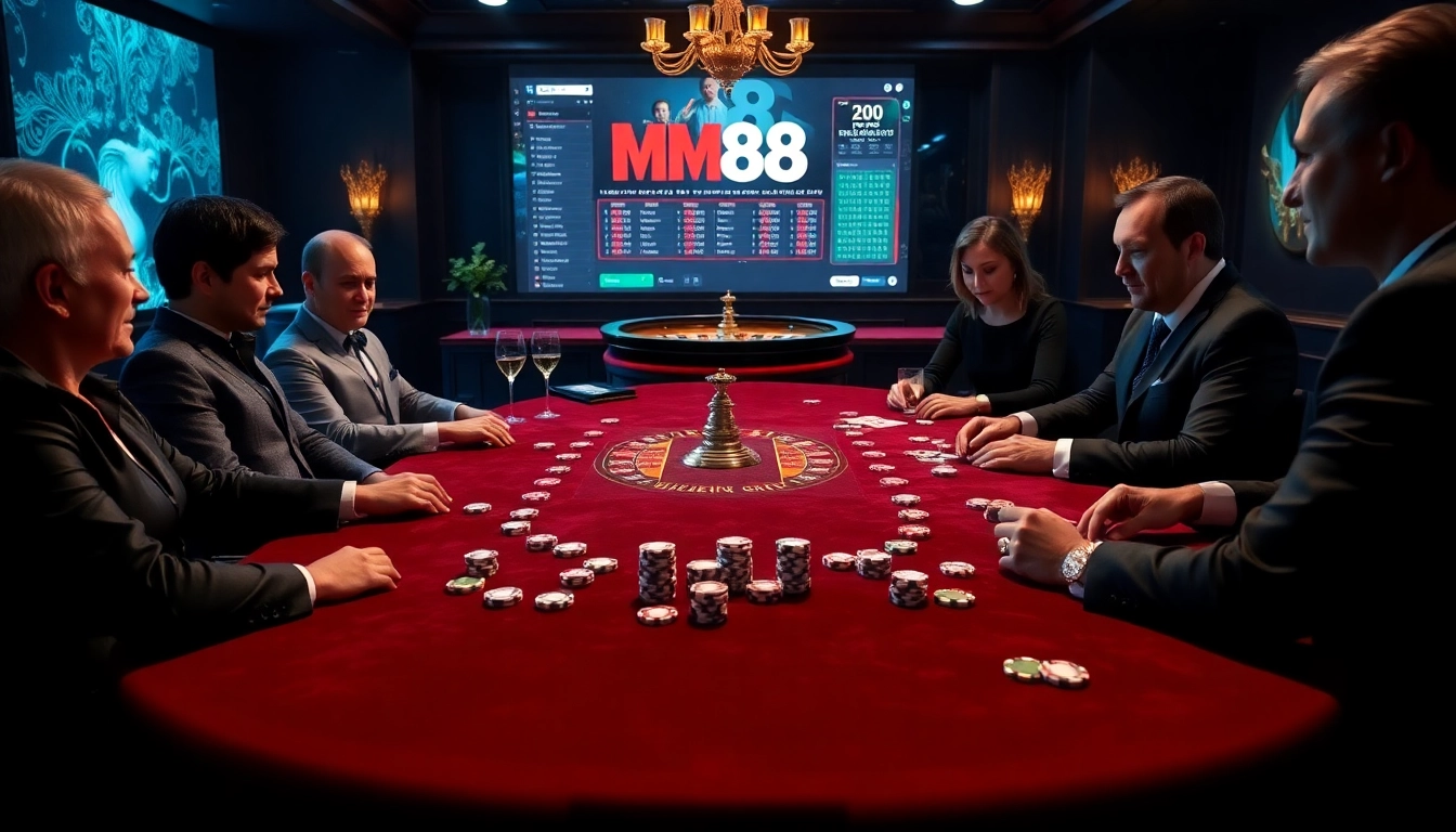 Engage in top-tier gameplay at MM88's luxurious casino with vibrant poker chips and roulette wheel.