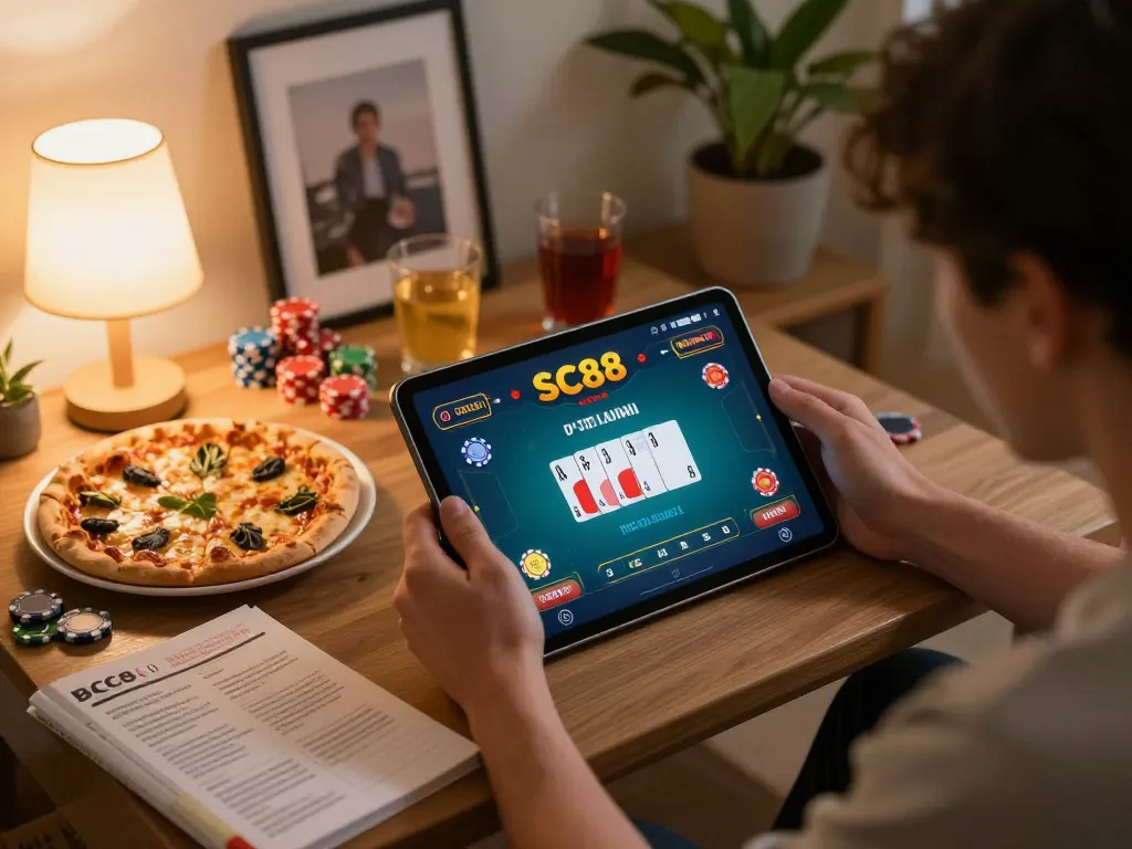 SC88 player enjoying online poker app while strategizing and managing bets in a cozy home environment