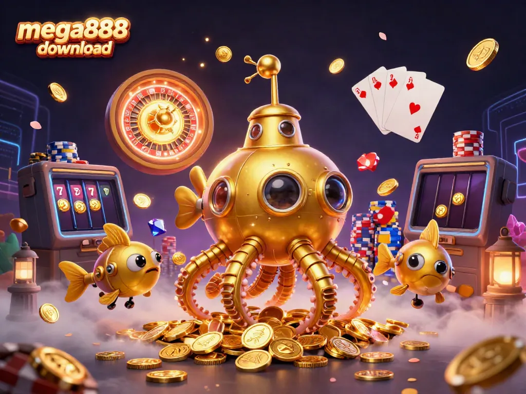 Experience mega888 download with a dynamic scene of casino excitement featuring a golden kraken and treasures