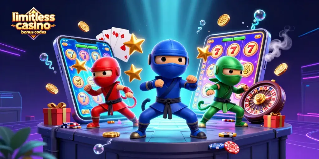 Explore limitless casino bonus codes with vibrant chameleon ninjas showcasing exciting slot game action.