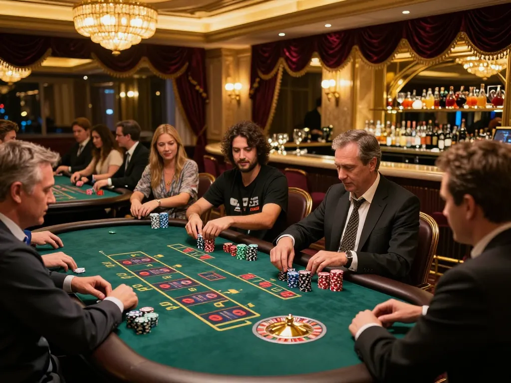 Experience high-stakes gameplay at a luxurious casino venue with god55, featuring dynamic gaming tables and elegant decor.