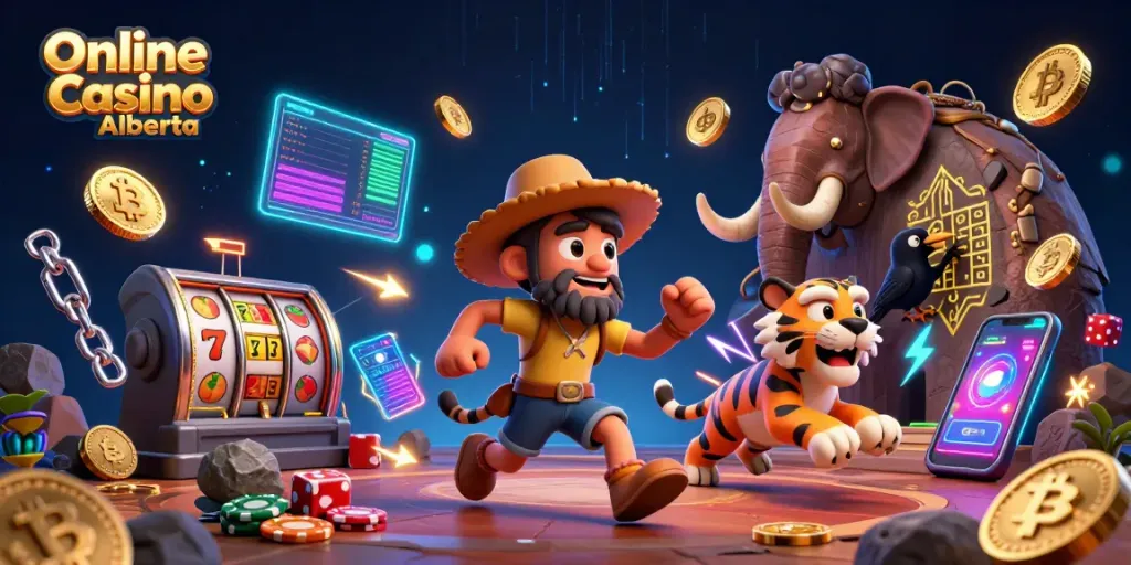 Experience Online Casino Alberta with vivid characters and dynamic gaming elements in a prehistoric setting.