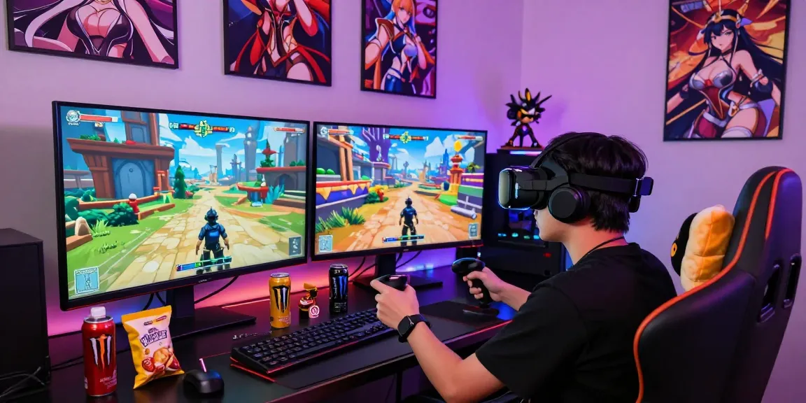 Immersive gamer enjoying a 3D hentai game experience in a vibrant gaming setup.