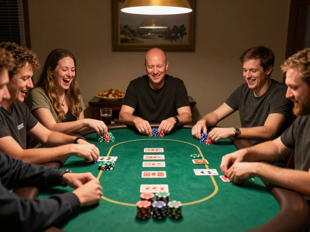 Engaging players using online casinos in Canada during a cozy home poker night with snacks and excitement