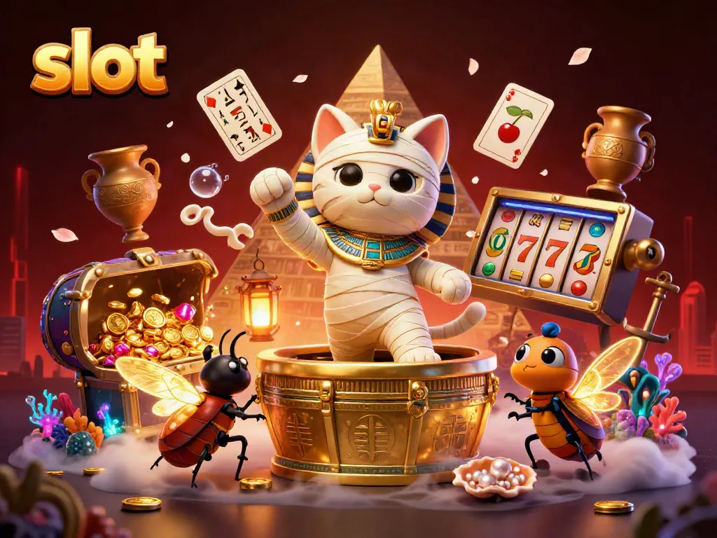 Slot mesin terbuka dengan mumi dan kalajengking terbang di kasino, menciptakan suasana menarik.