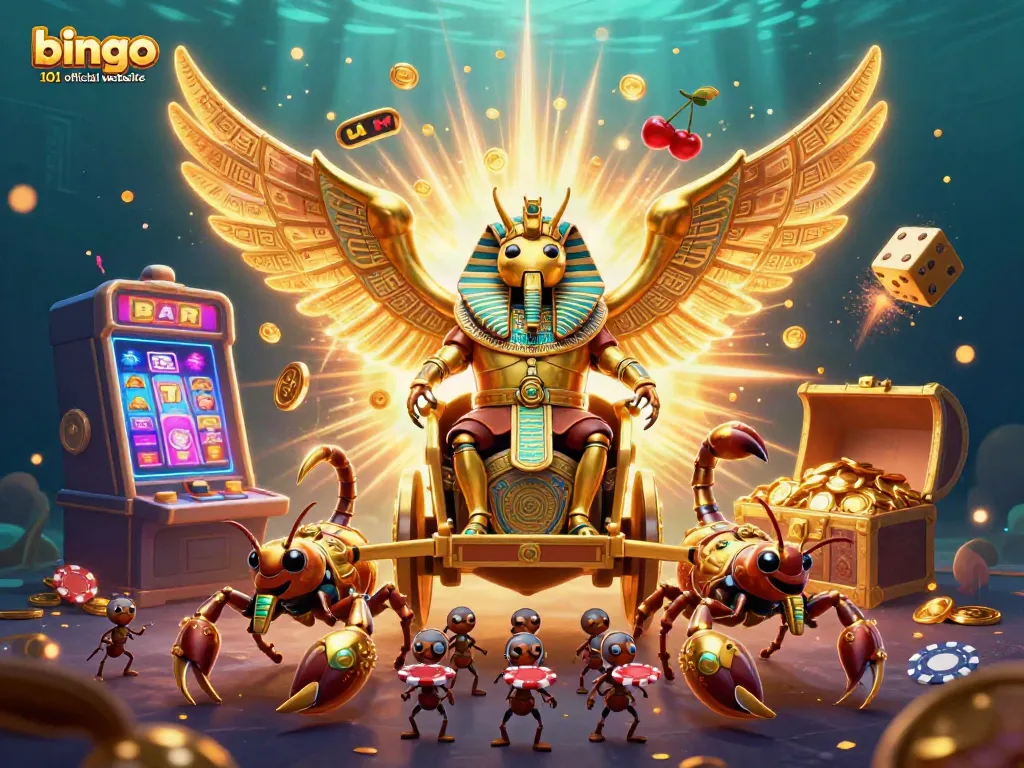 Bingo 101 official website showcases an exciting bingo scene with a rich 3D illustration of a golden scarab beetle and casino elements.