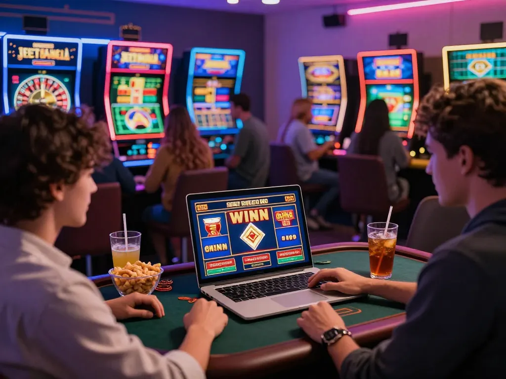 Exciting JeetBangla bonus celebration with players enjoying vibrant online casino games in a cozy atmosphere.