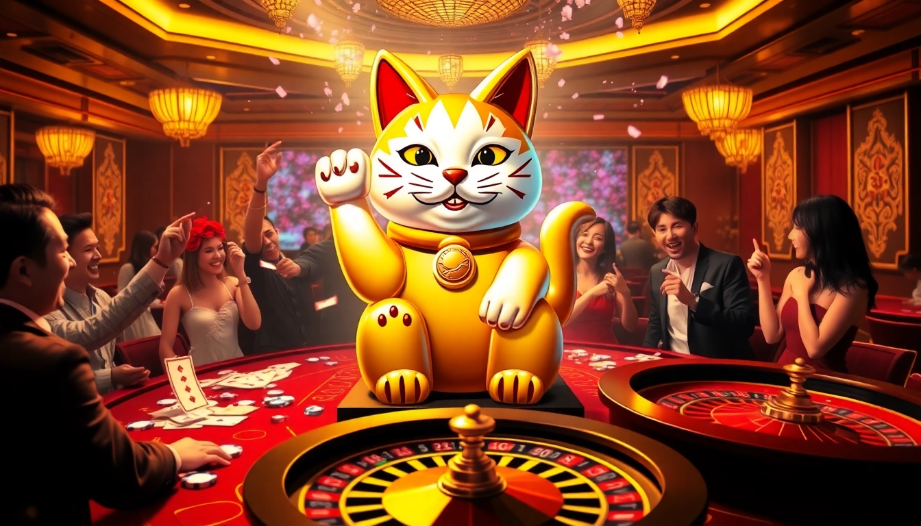 Win big at the Lucky Neko PG Soft ไม่หลุด slot machine amidst an exciting casino atmosphere.