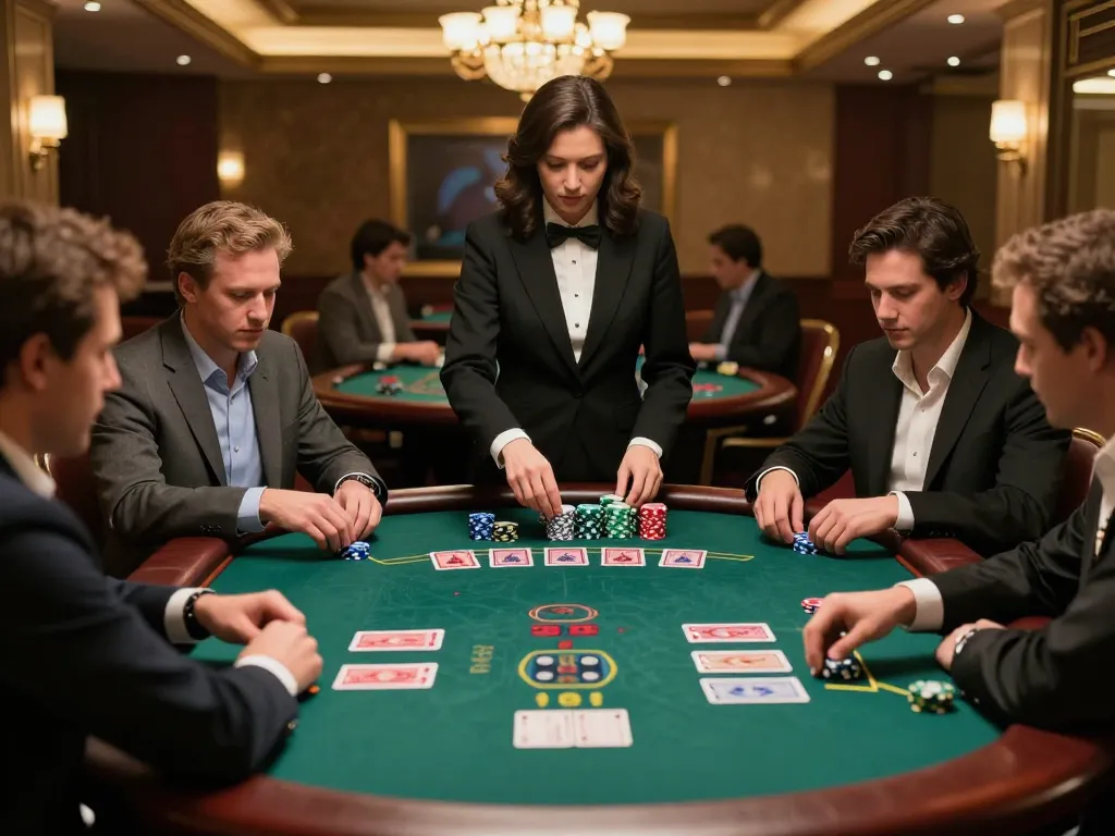 Players enjoying an engaging blackjack game at CasinoAtlas, showcasing strategic betting and vivid casino atmosphere.