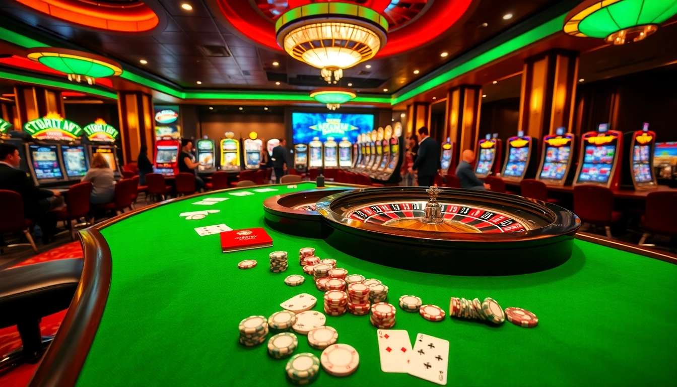 Dewaslot88 players enjoying an exciting casino atmosphere with vibrant slot machines and gaming tables.