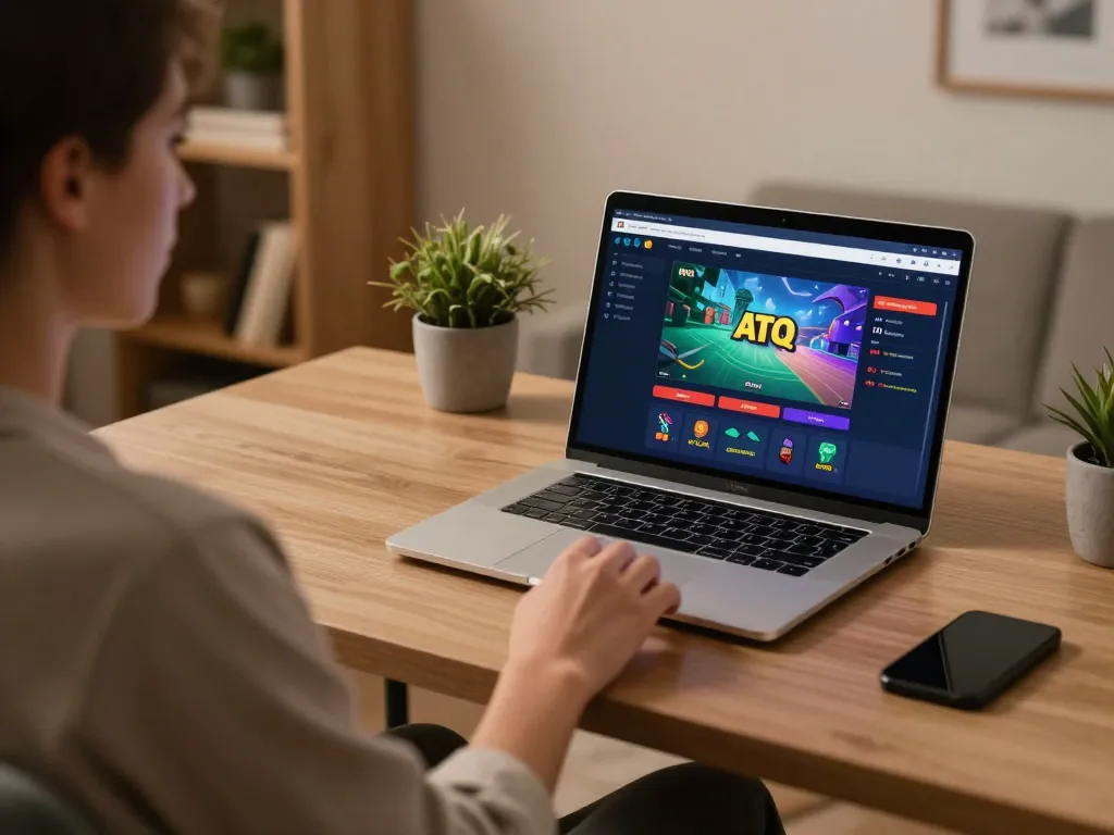 User enjoying ATQ online casino gaming experience from a modern home setup with laptop interface.