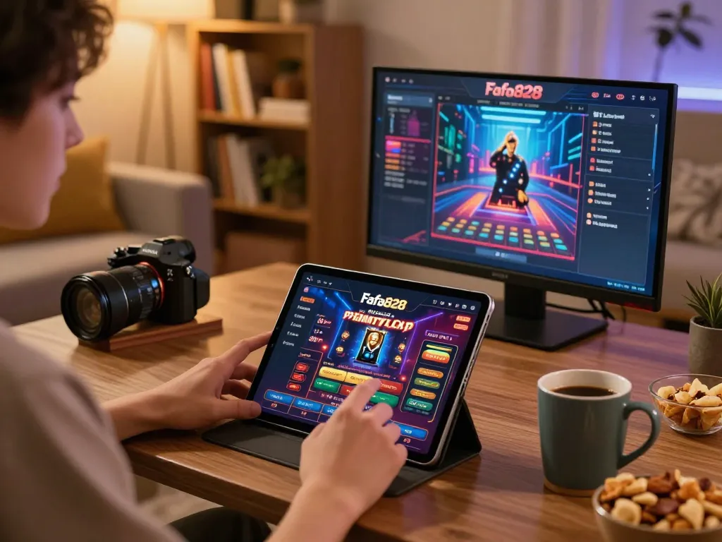 Player enjoying a thrilling session on FAFA828's online casino interface in a comfortable home setting.