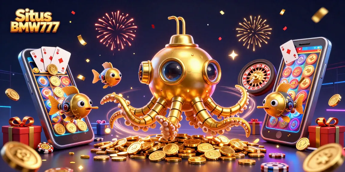 Engage with Situs BMW777's vibrant casino experience featuring a golden kraken submarine and dynamic game elements.