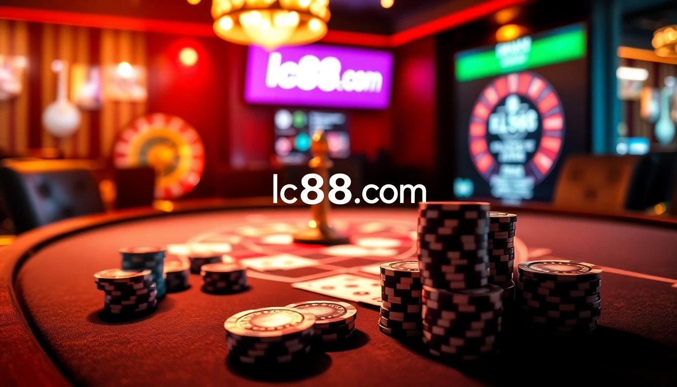 Experience luxury gambling at lc88.com with vibrant poker tables and roulette wheels.