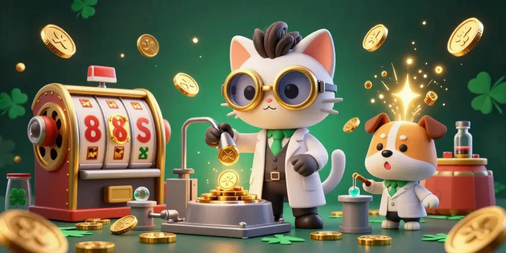 Bandar slot menampilkan seekor kucing ilmuwan gila yang menciptakan mesin replikasi koin emas di dalam laboratorium, dikelilingi elemen slot dan kekayaan.