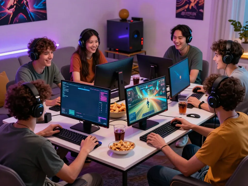 Engaging friends playing akunjp online games in a lively living room.