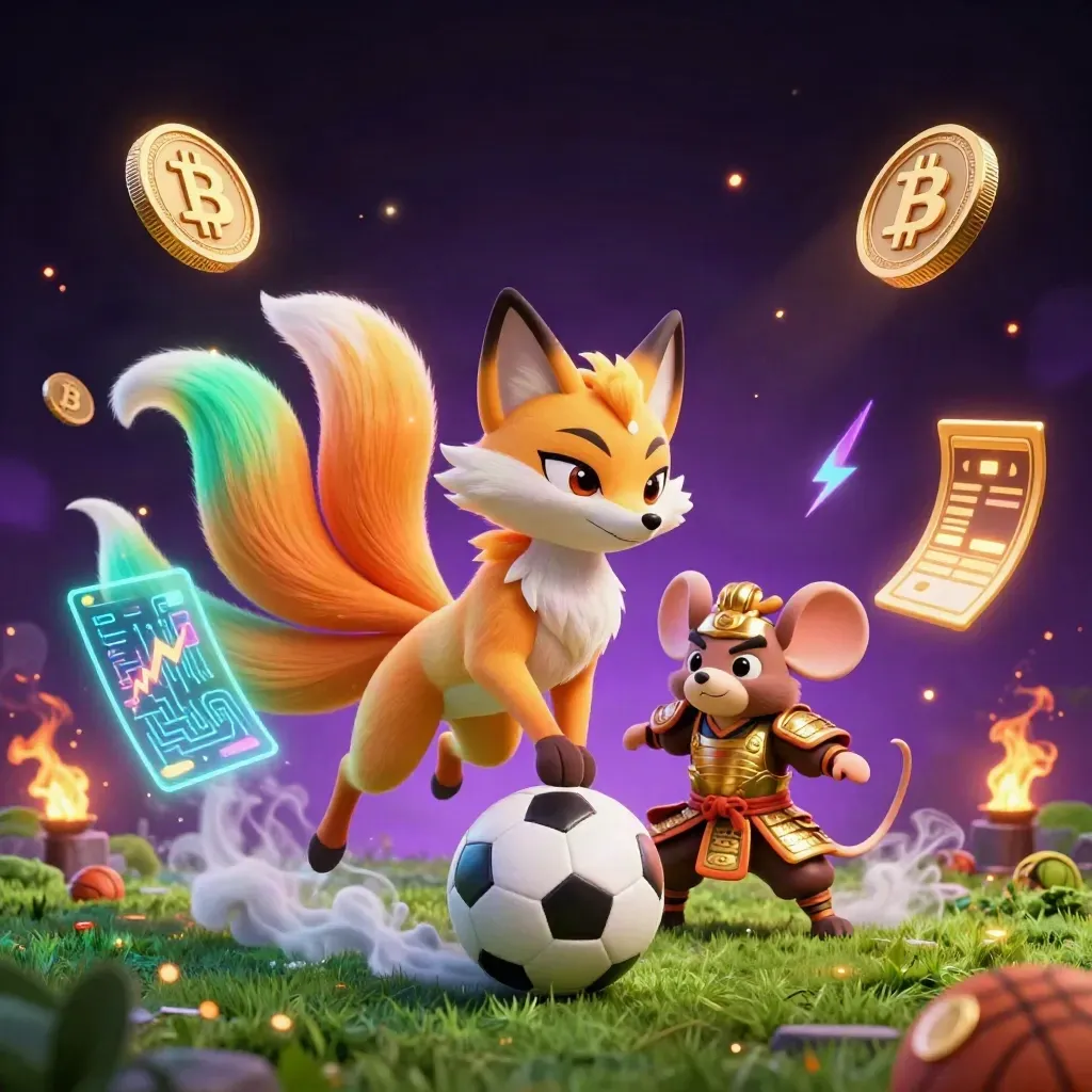Neon fox spirit and armored mouse amid casino-style sports and crypto effects on dark purple.