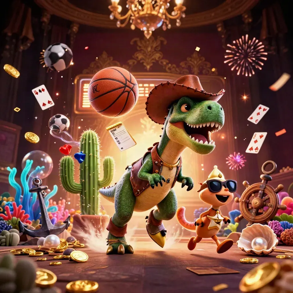 Cowboy T-Rex, cactus, and roadrunner amid casino sports chaos with balls, coins, coral, and glowing lights.