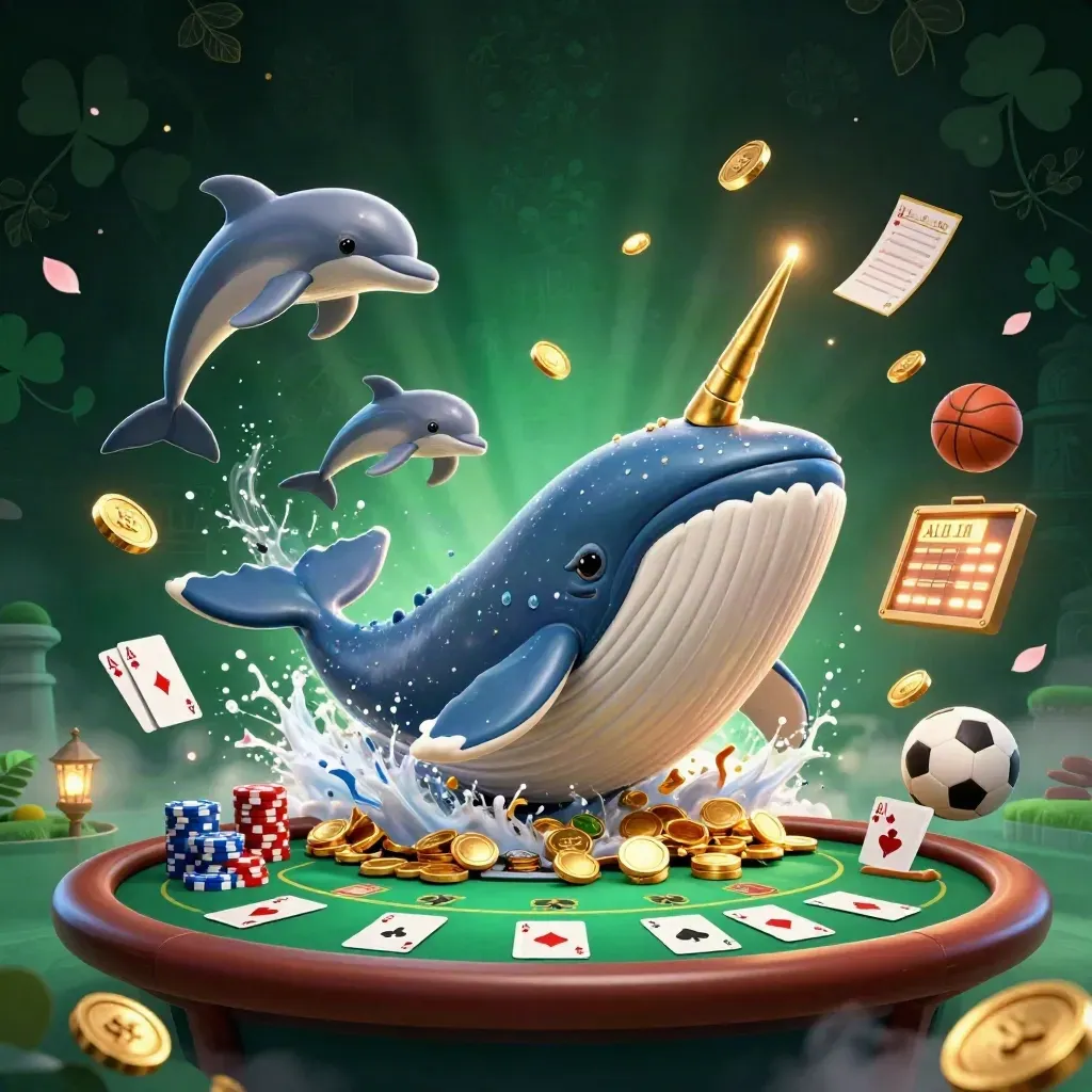 Ground-level whale, narwhal, and dolphins burst through casino coins around chips, cards, soccer ball, and basketball.