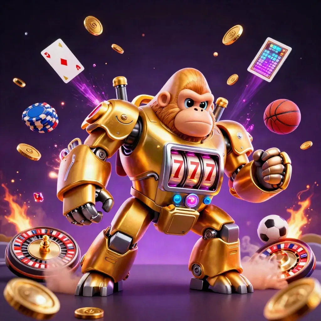 Golden gorilla mech with monkey pilot amid flying coins, cards, chips, and casino lights.