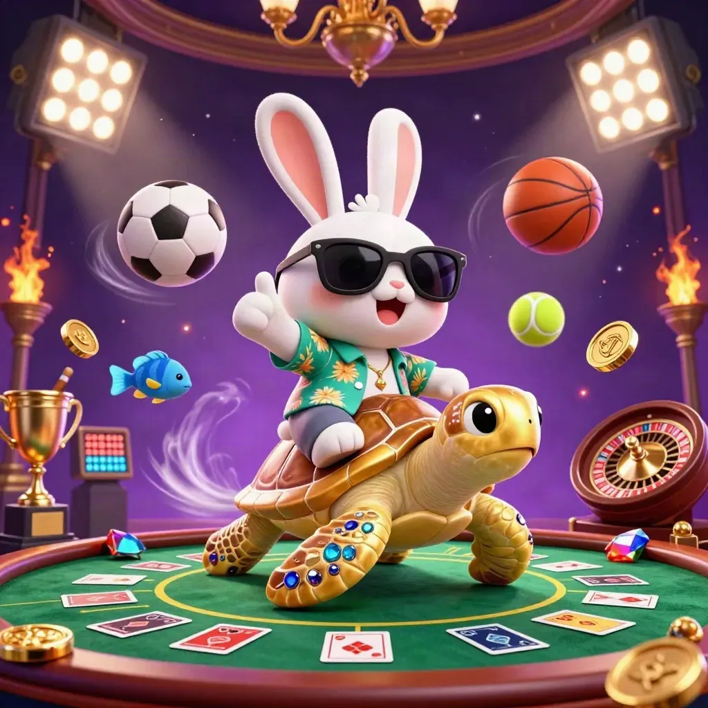 Lucky rabbit on a gold turtle in a luxe casino scene with balls, trophy, coins, and beams.