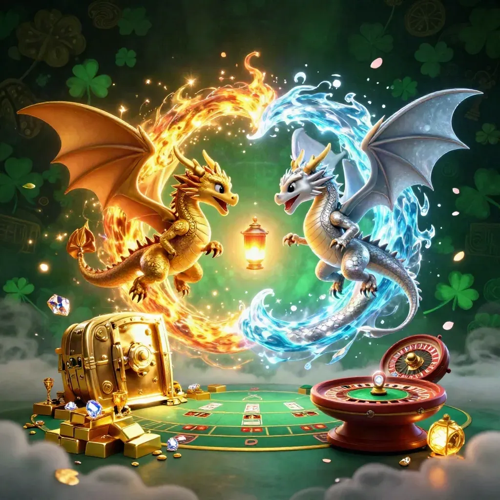 Gold and silver dragons spiral around a lantern spirit with vault, gems, and casino table glows.