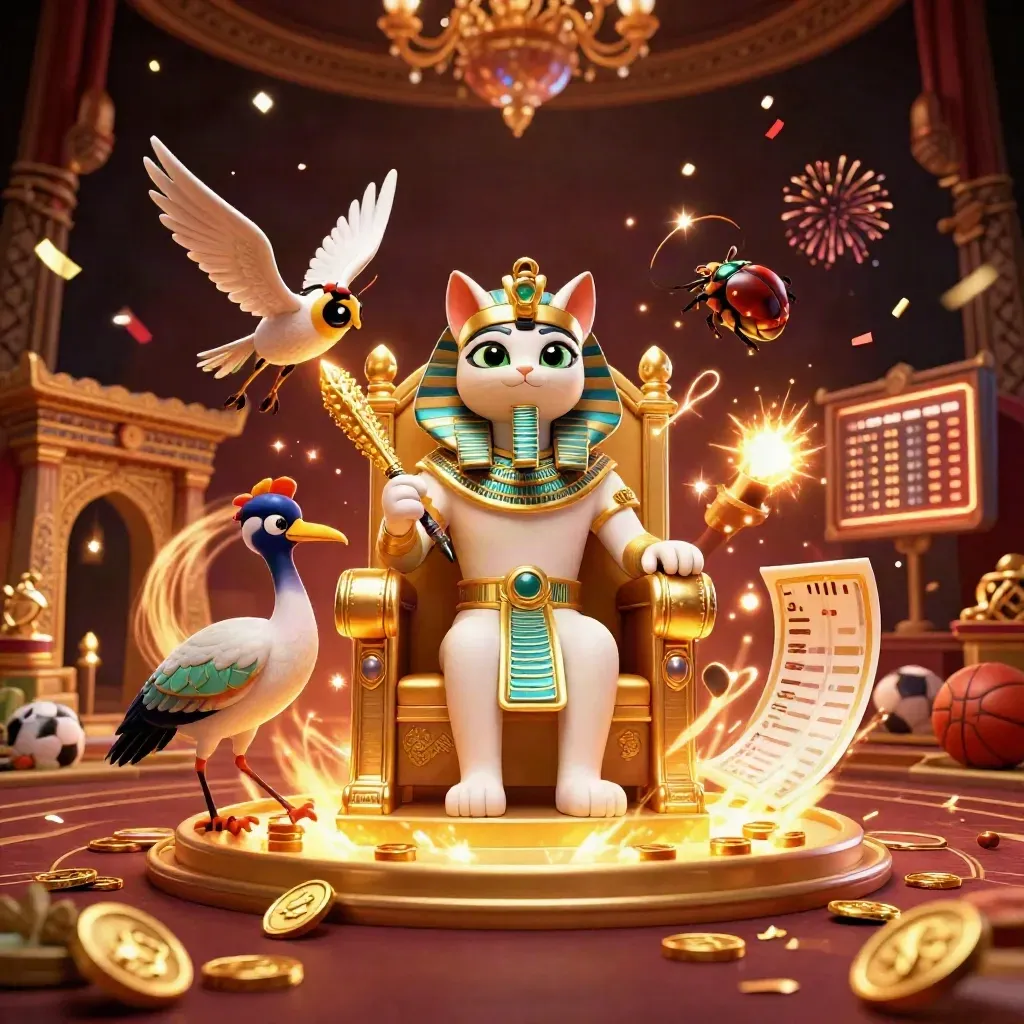 Pharaoh cat, ibis scribe, and scarab beetles amid casino props, gold confetti, and dark luxe lights.