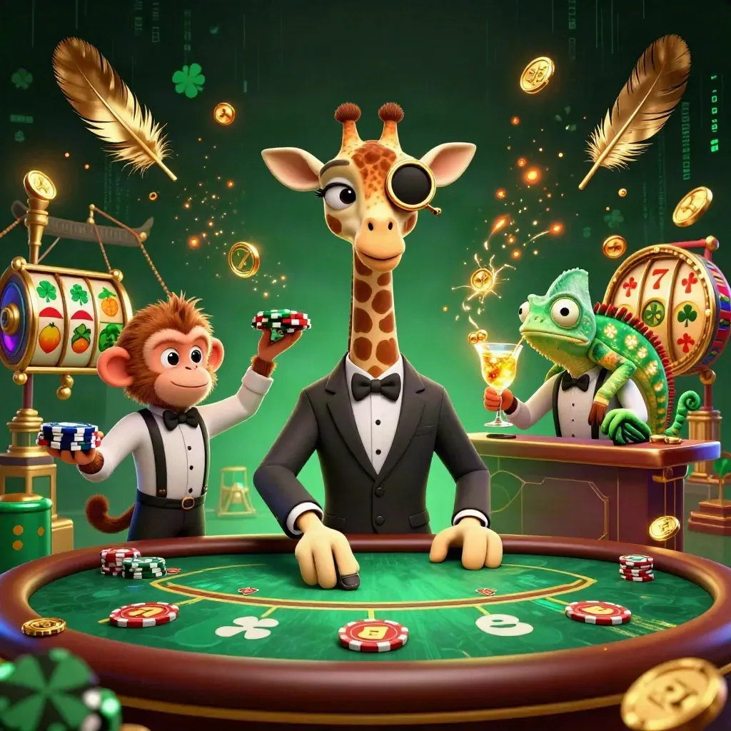 Giraffe, monkey, and chameleon casino heroes amid coins, neon energy, and a luxe emerald backdrop
