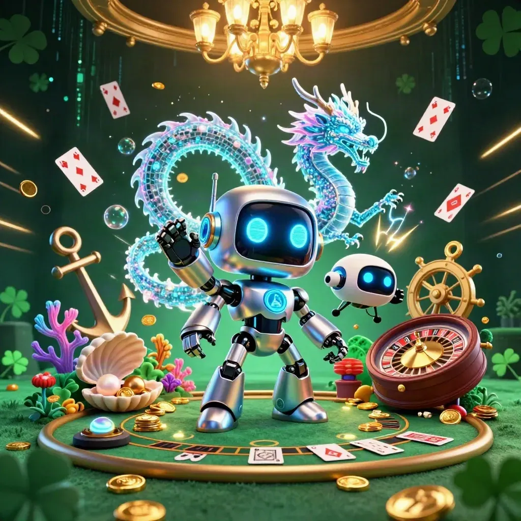 Cyberpunk robot, holographic dragon, and drone amid treasure cove casino lights