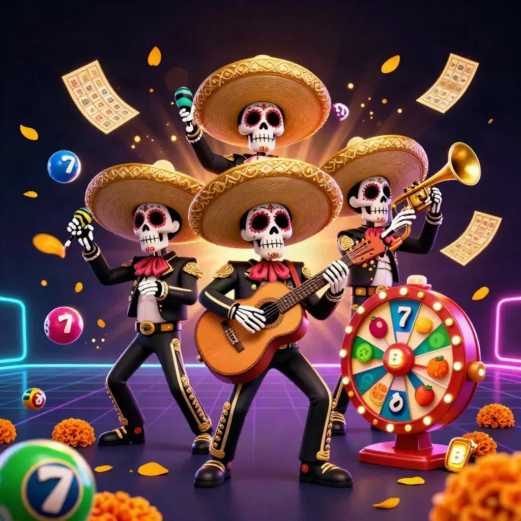 Skeleton mariachi trio with casino props exploding in gold light on a dark neon grid.