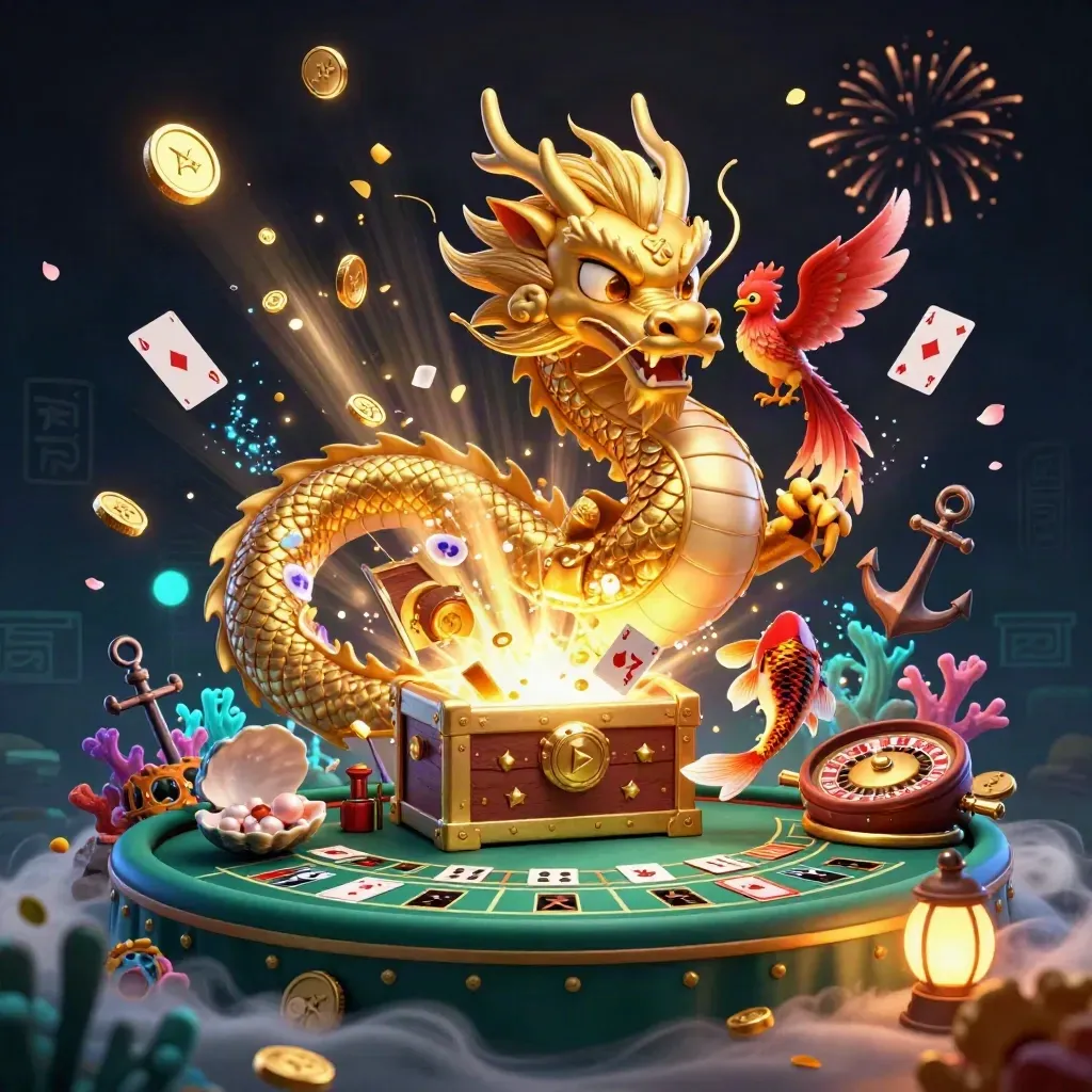 Golden dragon, phoenix, koi, and casino treasures explode in a dark luxe underwater scene.