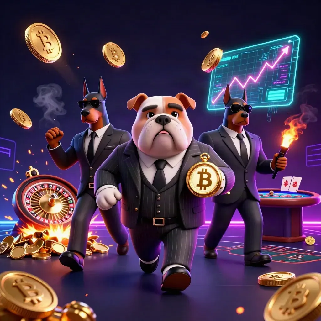 Bulldog boss and two Doberman guards amid coins, crypto glow, roulette wheel, fireworks.