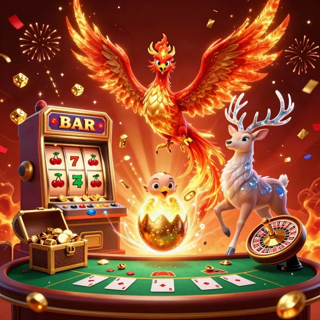 Phoenix trio amid exploding casino gold, cards, dice, fireworks, and jackpot energy.