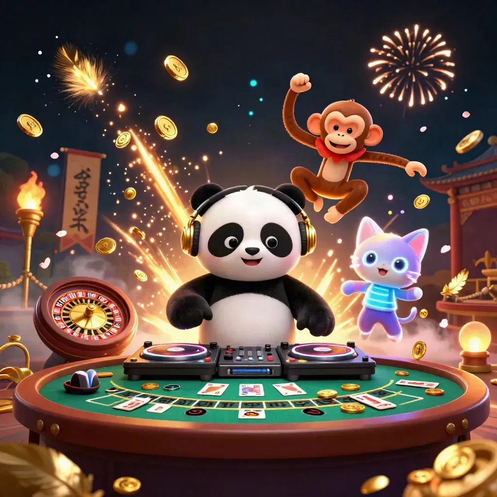 DJ panda, monkey, and kitten amid exploding coins, roulette, and casino magic.