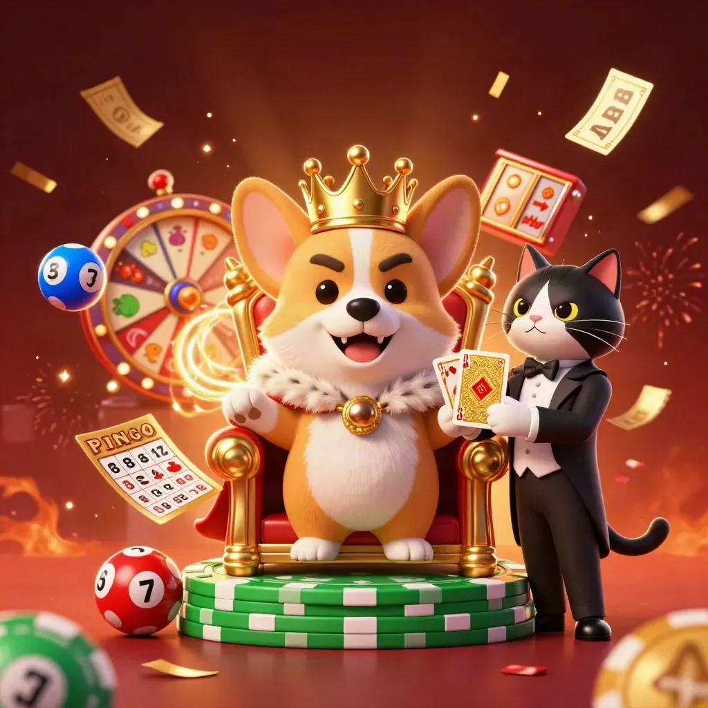 Royal corgi and cat butler in a casino splash scene with chips, reels, balls, and fireworks.