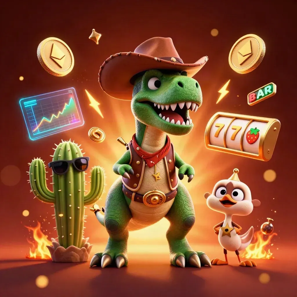 Cowboy T-Rex, cactus sidekick, and sheriff roadrunner amid casino crypto effects