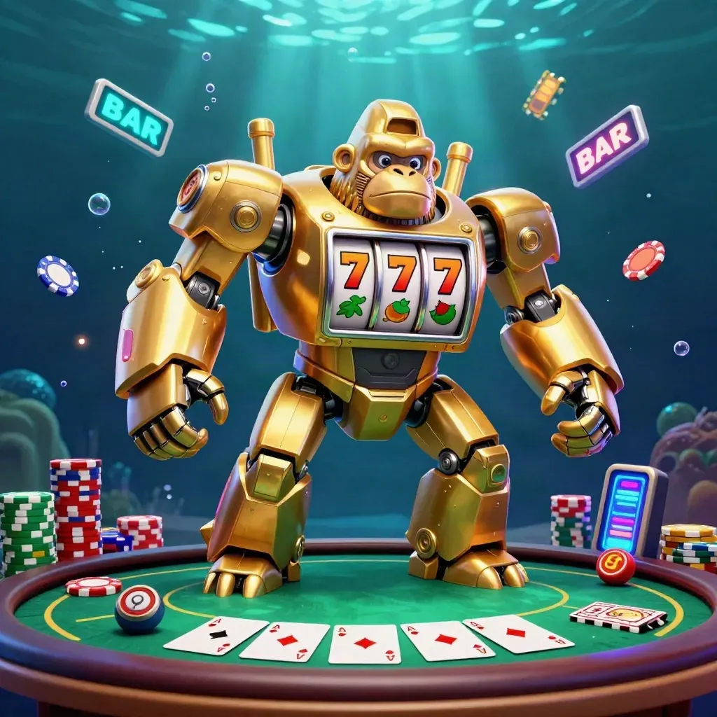 Golden gorilla mech with monkey pilot, chips, cards, and neon underwater casino glow