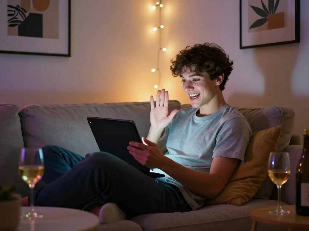 Engaging in an NSFW chat on a tablet in a cozy modern room with ambient lights.