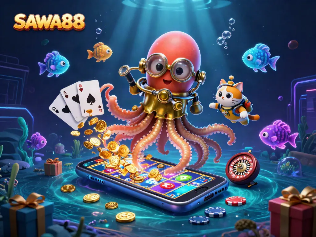 Win big with SAWA888 as a colossal kraken and diving cat explore vibrant slot games underwater