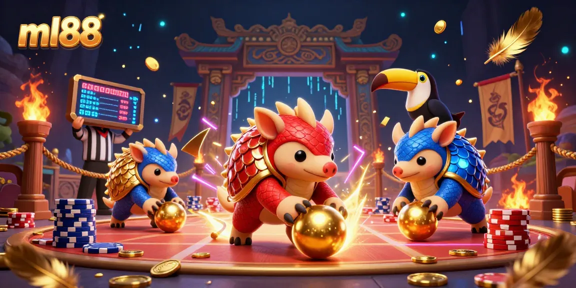 The rival pangolins in ml88 compete as they bowl through poker chips in a vibrant online casino setting.