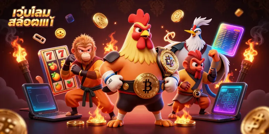 Engage in gameplay with เว็บเกมสล็อตแท้ characters battling amidst slot reels and golden coins.