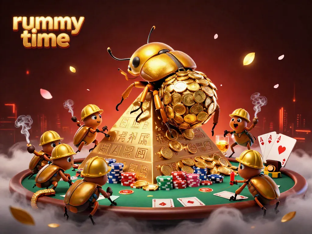 Engage with rummy time through a vivid 3D scene of golden beetles and casino symbols, showcasing the excitement of gameplay.