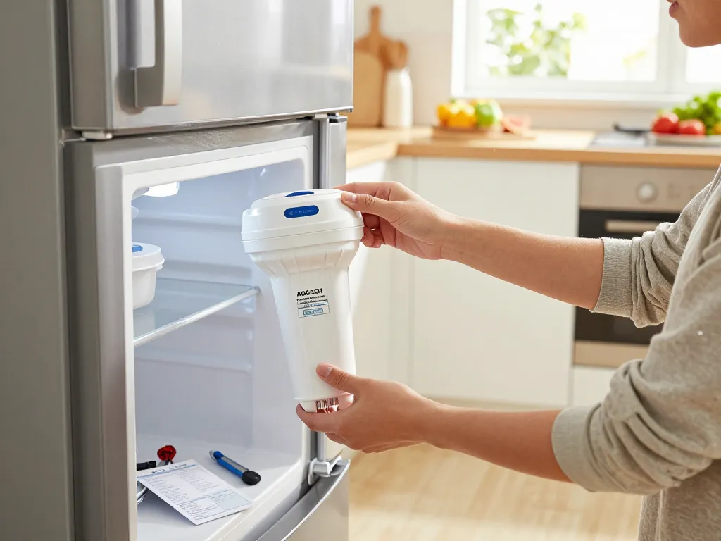 AQUA CREST 12033030 Replacement for Bosch® UltraClarity® Pro BORPLFTR50 being installed in a modern kitchen refrigerator, highlighting home improvement.