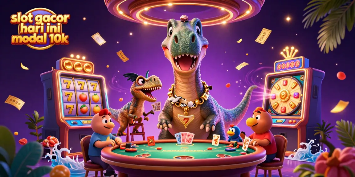 Engage with slot gacor hari ini modal 10k in a lively casino scene featuring dynamic cartoon dinosaurs.